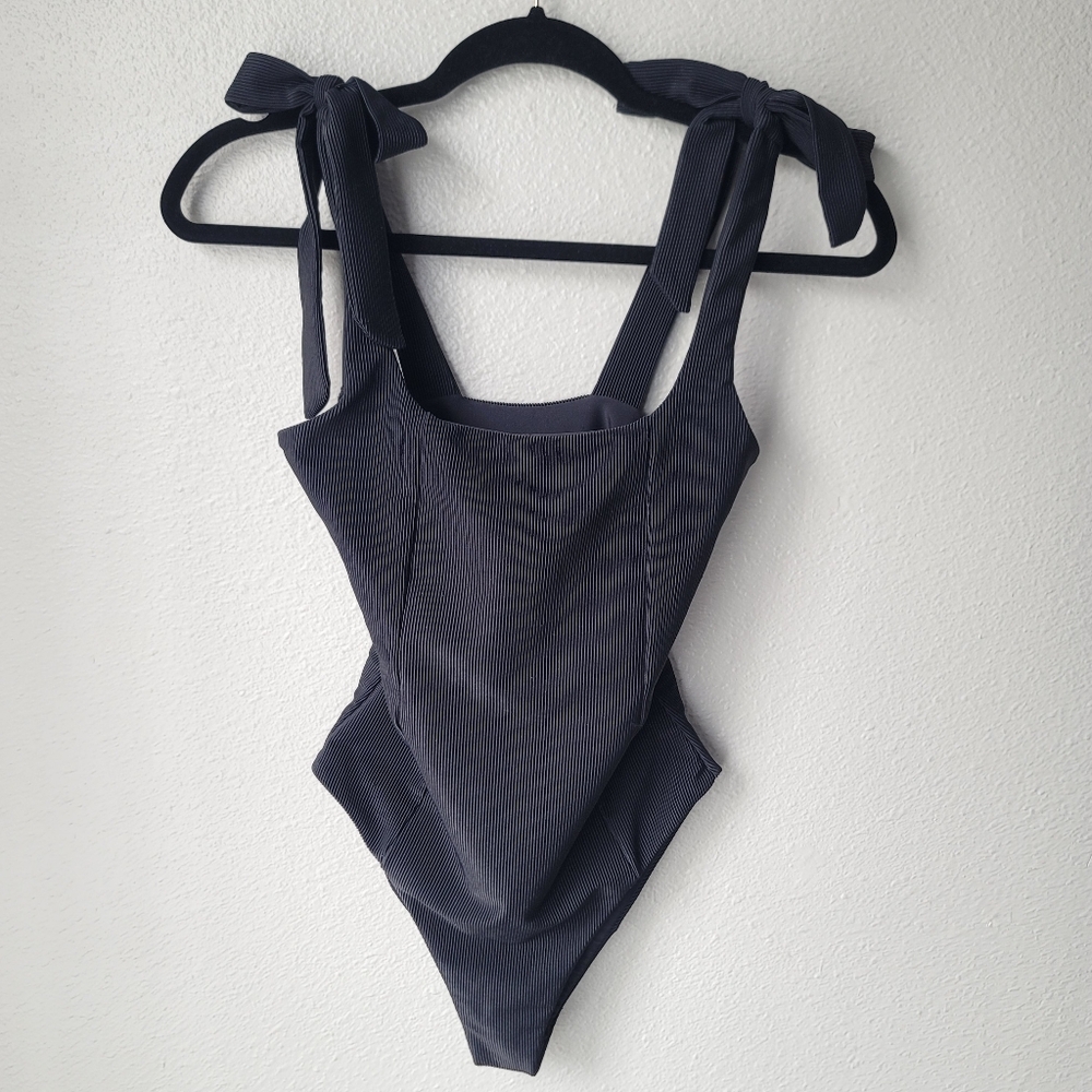 Beach Riot black Ribbed One-Piece Swimsuit with Tie Straps